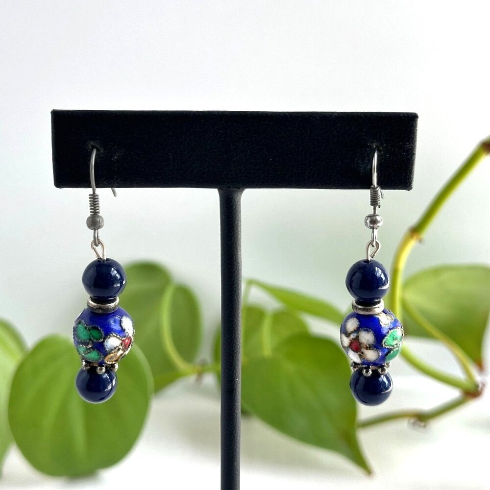 Cloisonne Bead & Navy Blue Dangle Earrings with Ear Wire Hooks